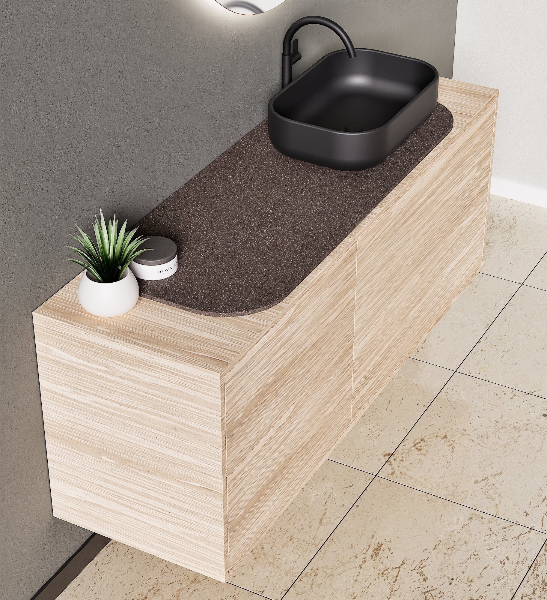 STRIA - Top mounted single sink with counter tablet & 1 Drawer - 2 Stacked Side Drawers vanity unit - ROVALUX