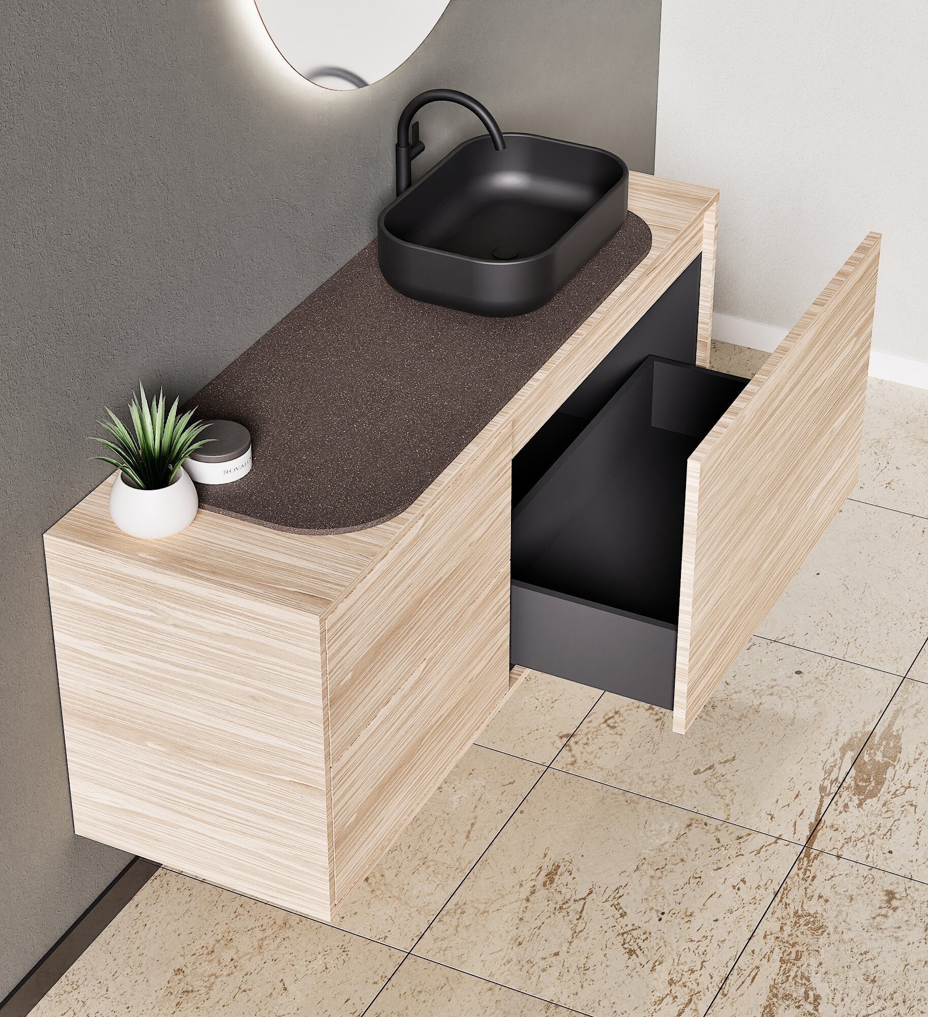 STRIA - Top mounted single sink with counter tablet & 1 Drawer - 2 Stacked Side Drawers vanity unit - ROVALUX