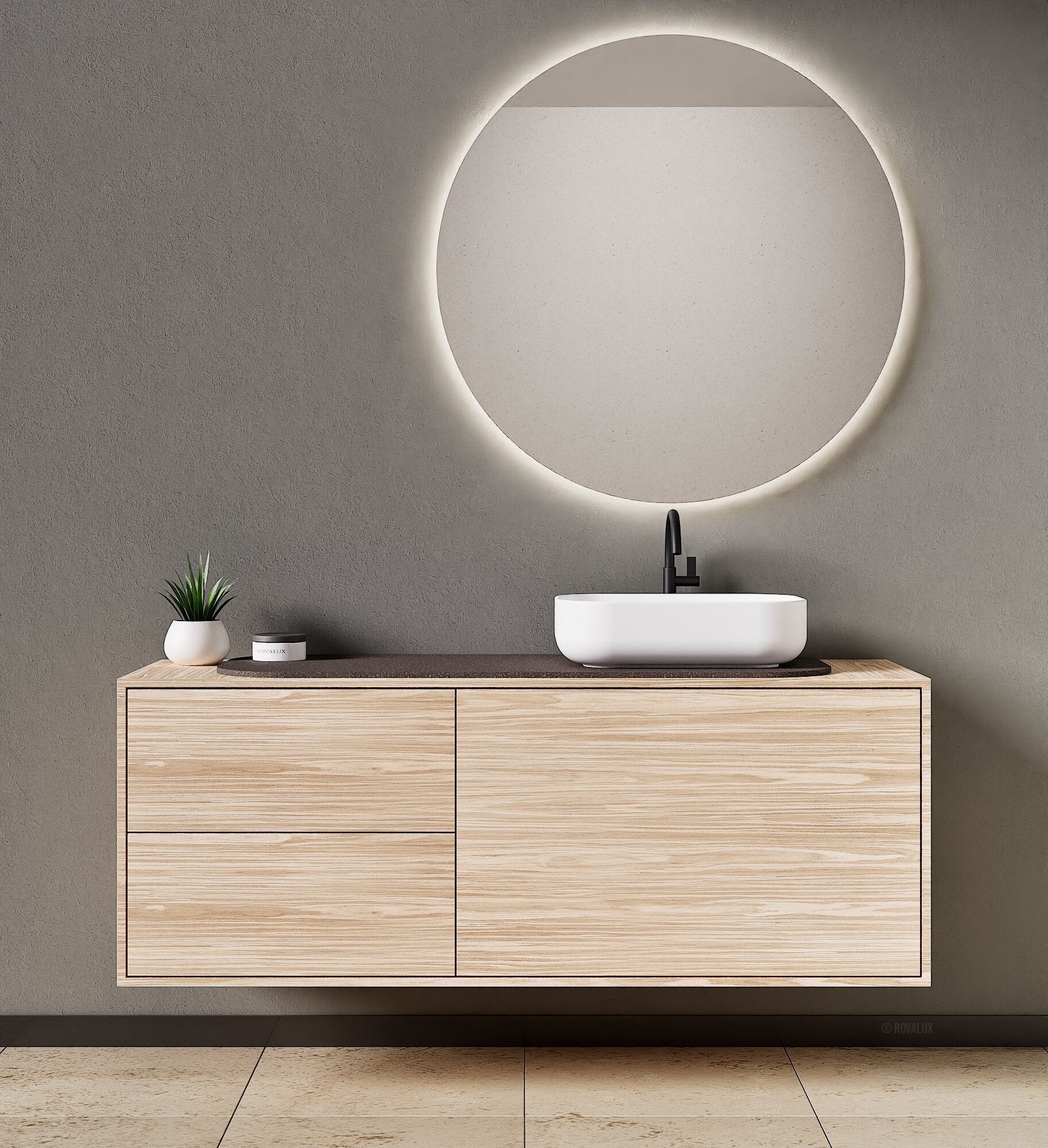 STRIA - Top mounted single sink with counter tablet & 1 Drawer - 2 Stacked Side Drawers vanity unit - ROVALUX