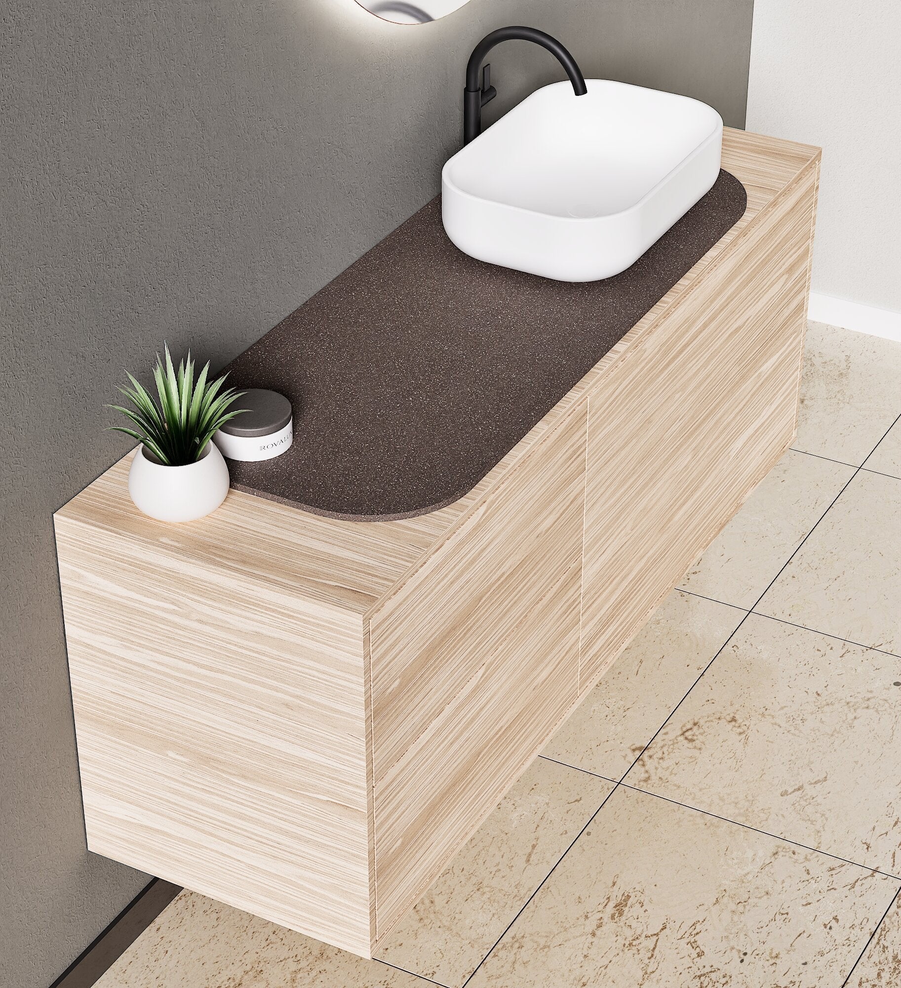 STRIA - Top mounted single sink with counter tablet & 1 Drawer - 2 Stacked Side Drawers vanity unit - ROVALUX