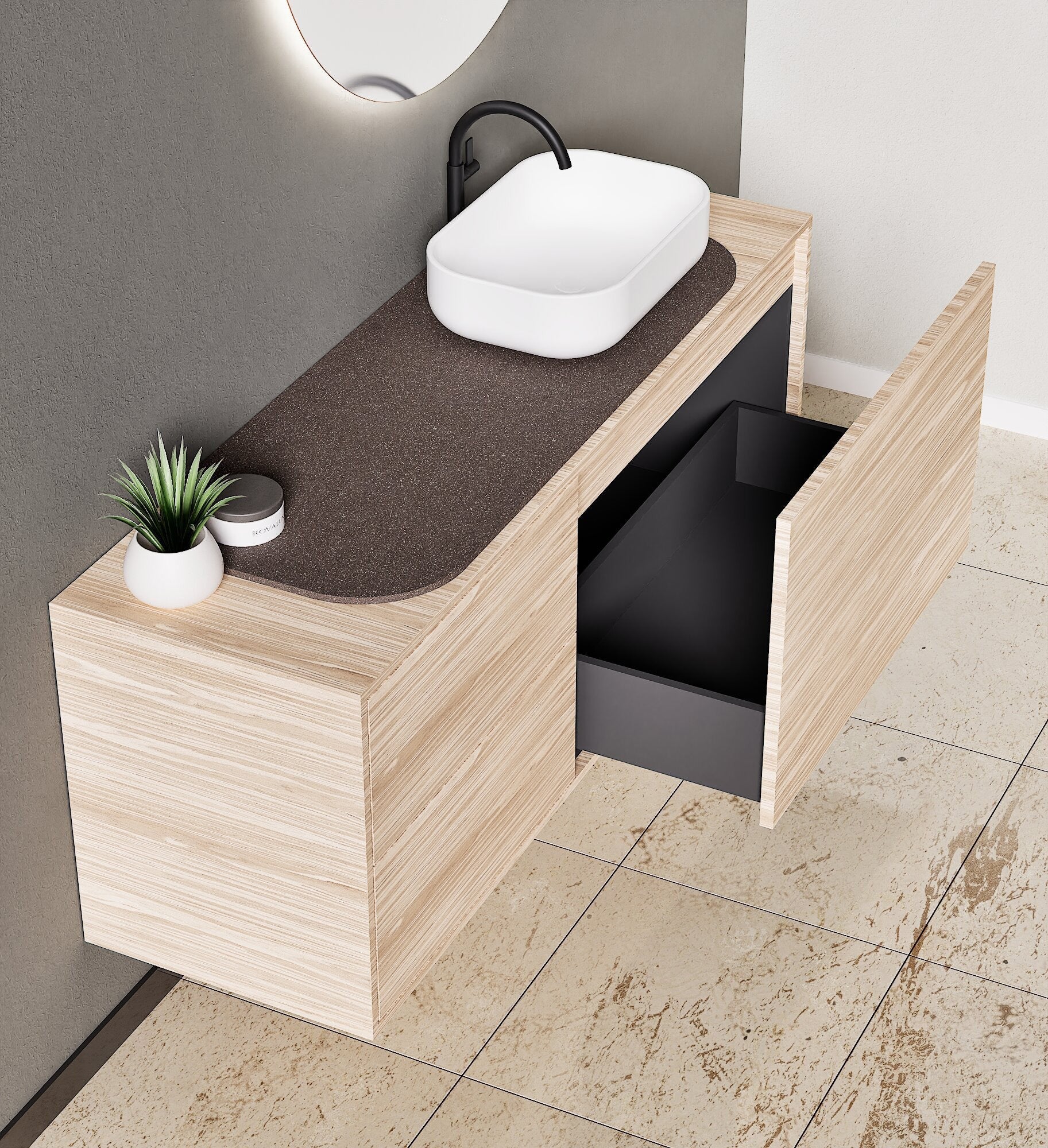 STRIA - Top mounted single sink with counter tablet & 1 Drawer - 2 Stacked Side Drawers vanity unit - ROVALUX