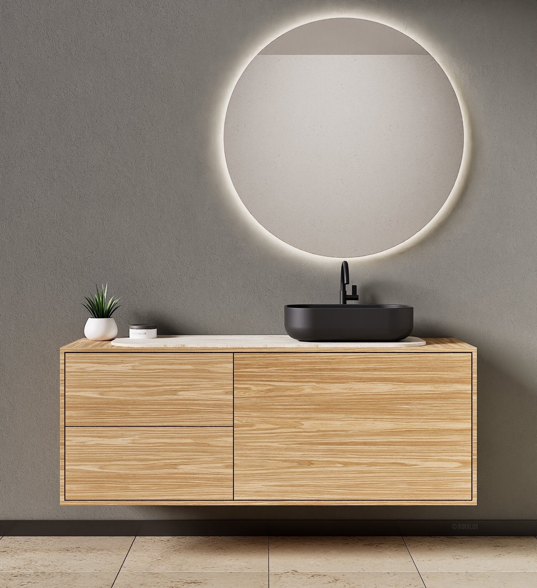 STRIA - Top mounted single sink with counter tablet & 1 Drawer - 2 Stacked Side Drawers vanity unit - ROVALUX