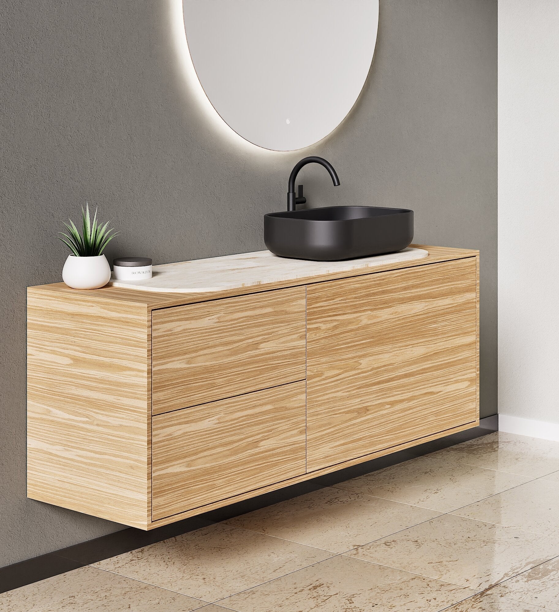 STRIA - Top mounted single sink with counter tablet & 1 Drawer - 2 Stacked Side Drawers vanity unit - ROVALUX