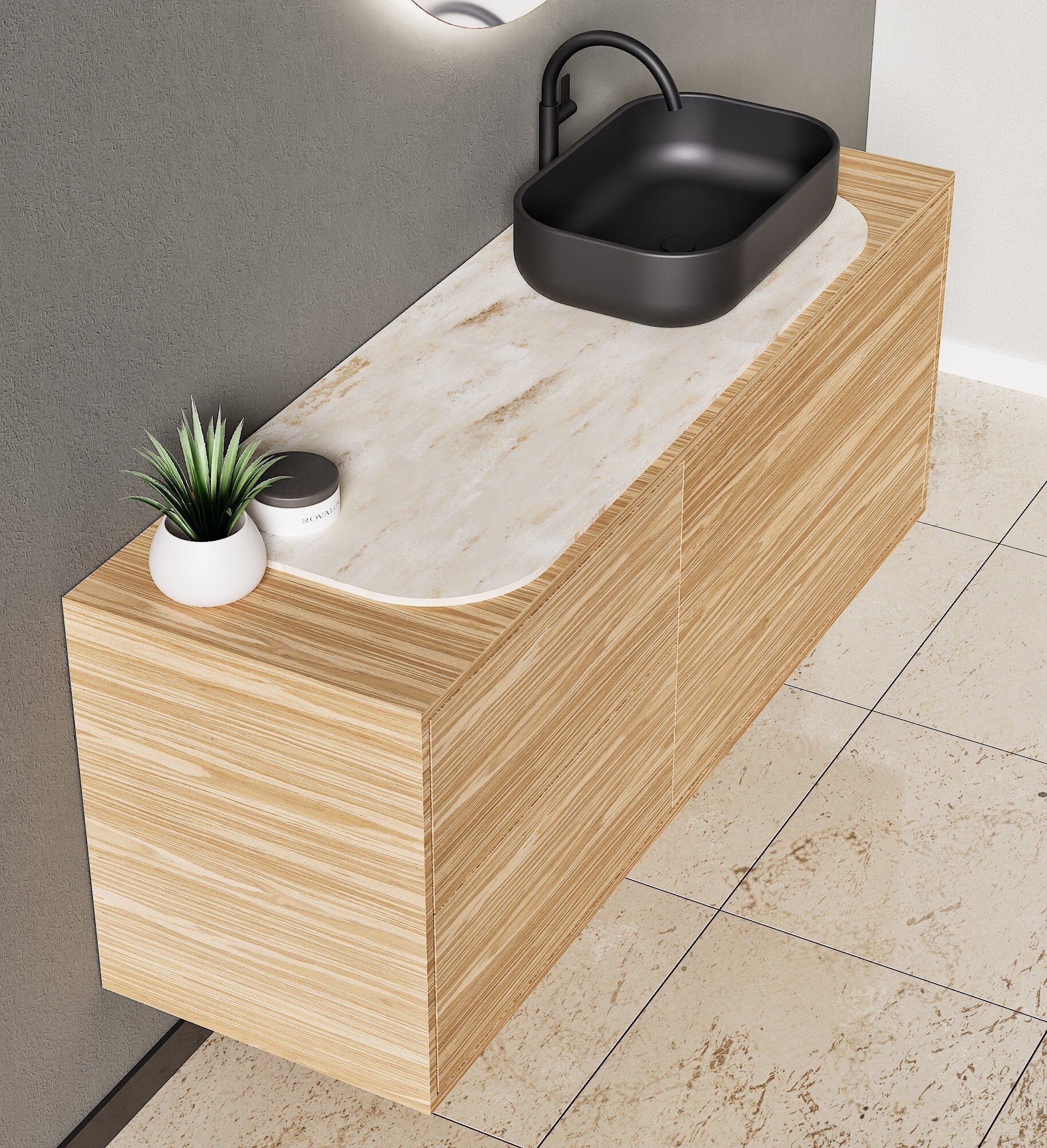 STRIA - Top mounted single sink with counter tablet & 1 Drawer - 2 Stacked Side Drawers vanity unit - ROVALUX