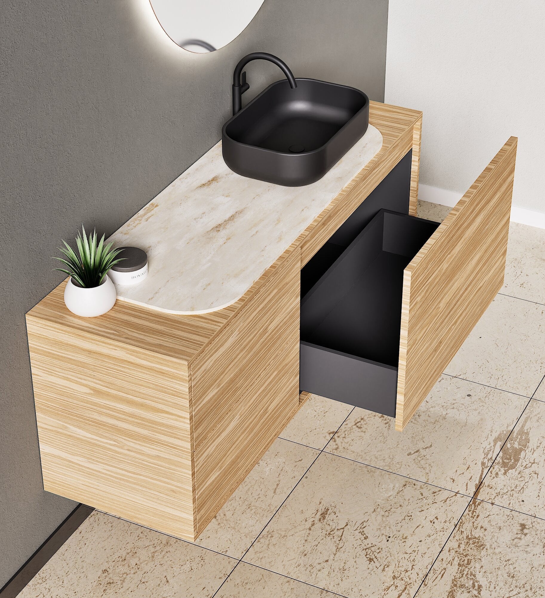 STRIA - Top mounted single sink with counter tablet & 1 Drawer - 2 Stacked Side Drawers vanity unit - ROVALUX