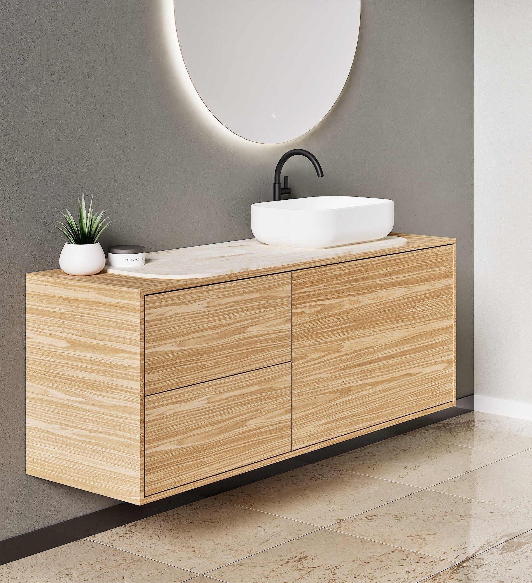 STRIA - Top mounted single sink with counter tablet & 1 Drawer - 2 Stacked Side Drawers vanity unit - ROVALUX