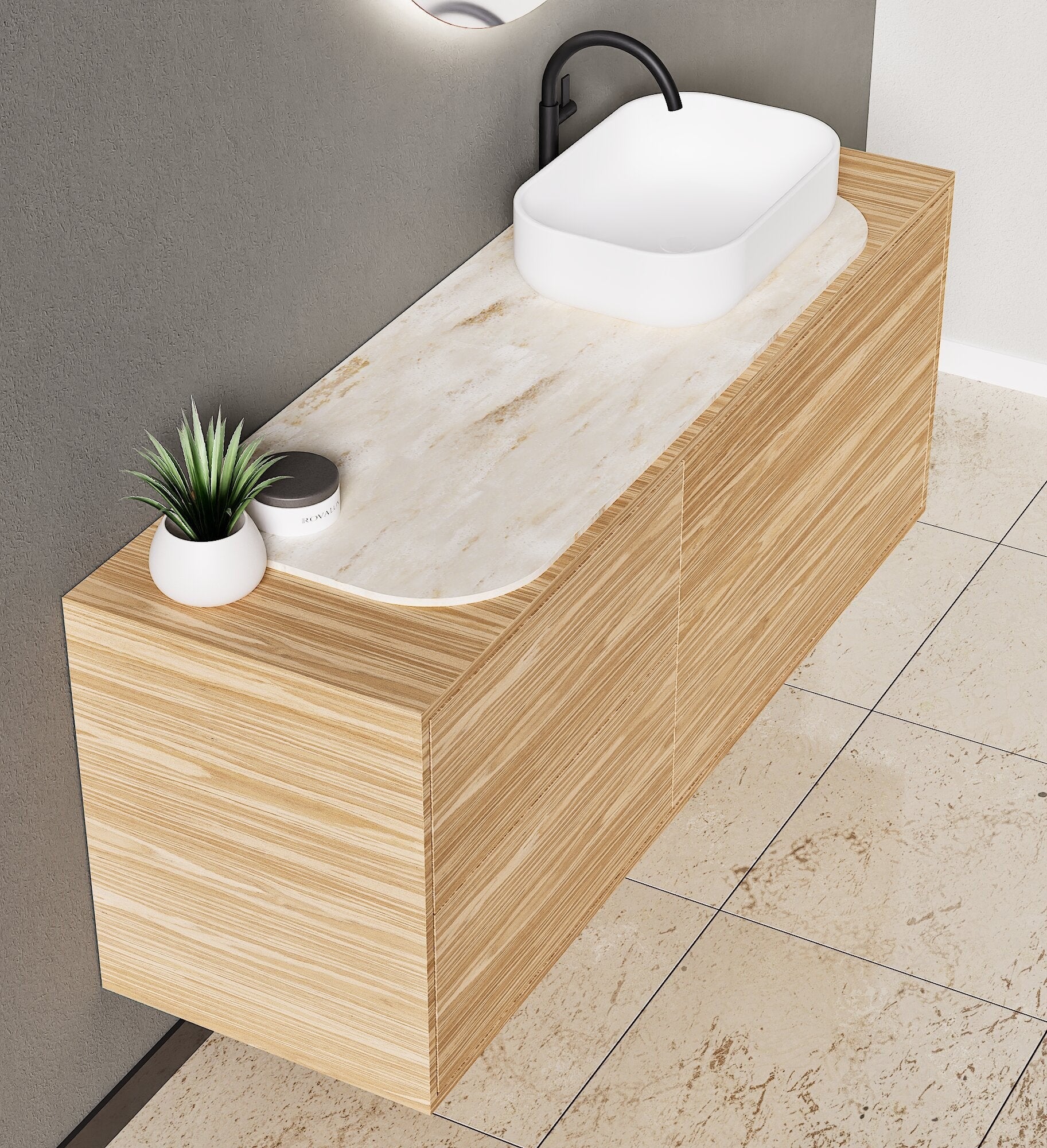 STRIA - Top mounted single sink with counter tablet & 1 Drawer - 2 Stacked Side Drawers vanity unit - ROVALUX