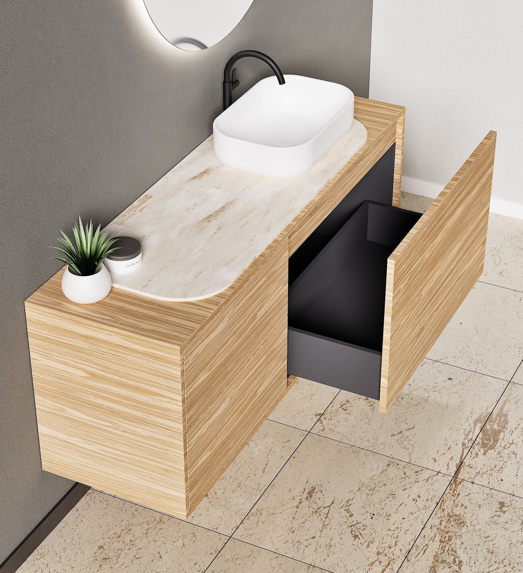 STRIA - Top mounted single sink with counter tablet & 1 Drawer - 2 Stacked Side Drawers vanity unit - ROVALUX